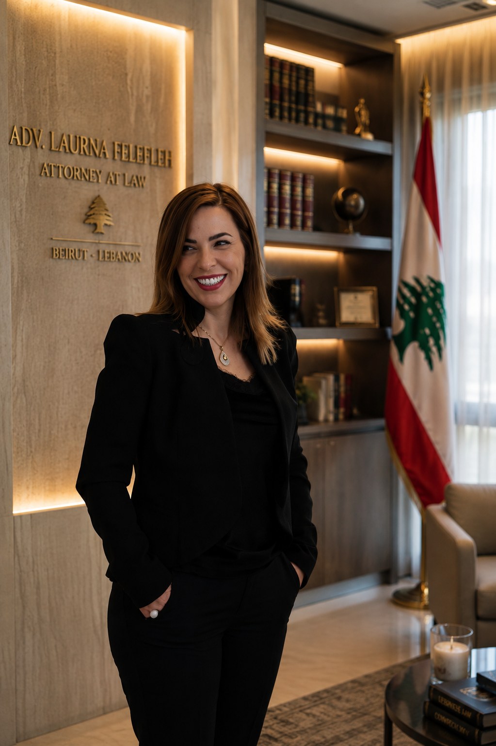 Editorial portrait of Advocate Laurna Felefleh in her Beirut law office